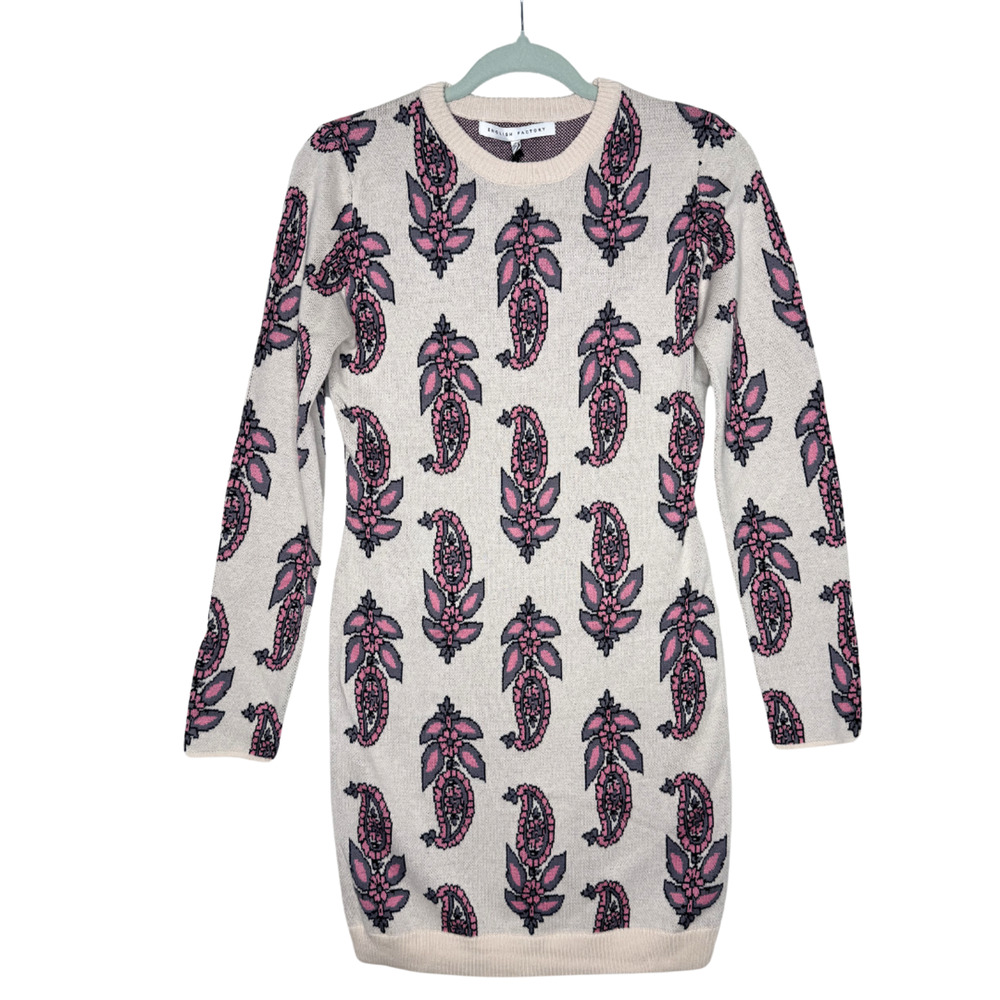 English Factory 100% Cotton Long Sleeve Paisley Mini Knit Sweater Dress Small